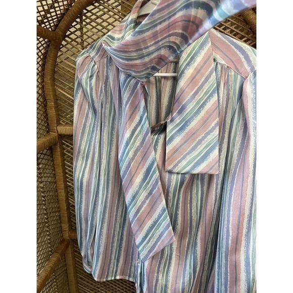 Vintage 70s Large Pykettes Pink Blue Polyester Collared Button Up Blouse Size 16 - Picture 5 of 6